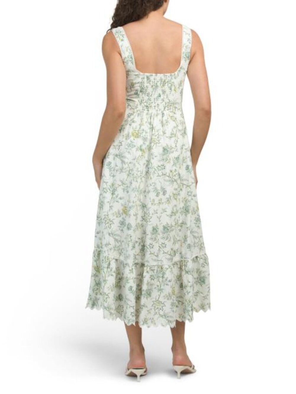 LAURA ASHLEY Linen Blend Smocked Scallop Trim Midi Dress - Picture 2 of 5
